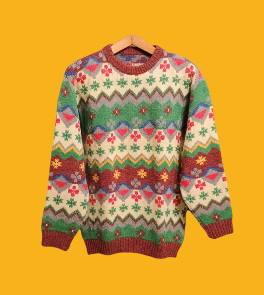 Maglione Vintage Multicolor A Fantasia Anni 90 Unisex Size L