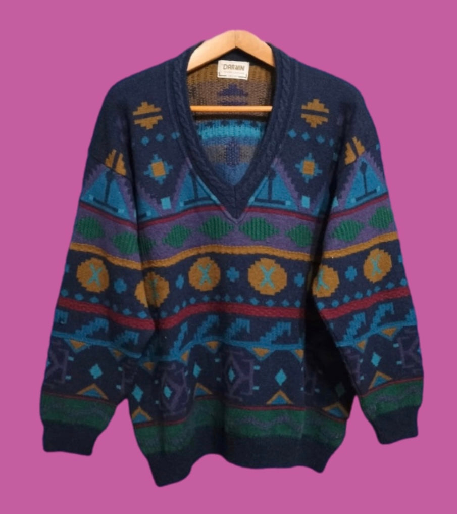 Maglione Vintage Multicolor A Fantasia Anni 90 Unisex Size XL