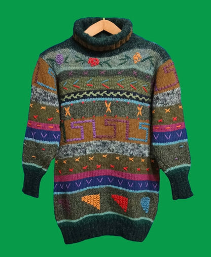 Maglione Vintage Multicolor A Fantasia Anni 90 Woman Size L