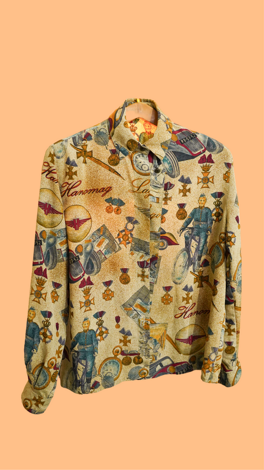 Vintage Multicolor Fantasy Pattern Shirt Long Sleeves Woman Size M