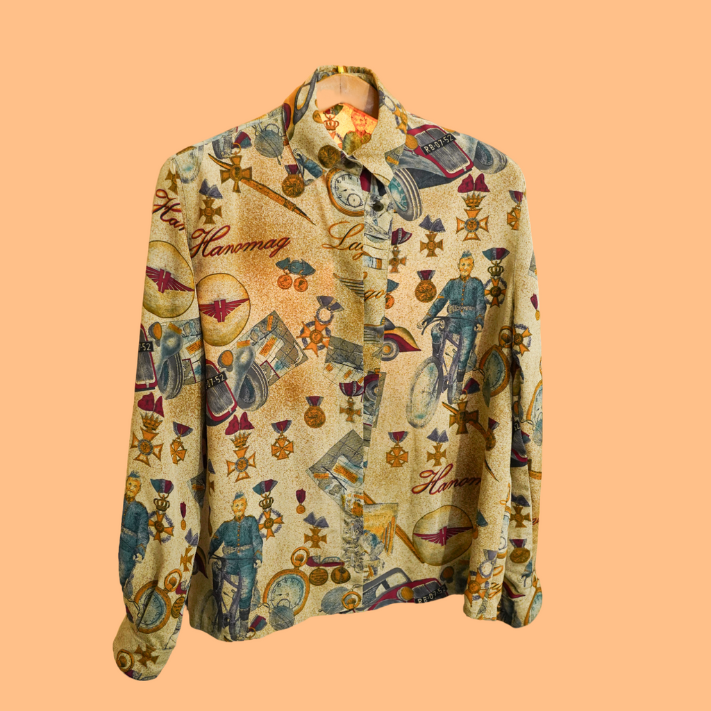 Vintage Multicolor Fantasy Pattern Shirt Long Sleeves Woman Size M