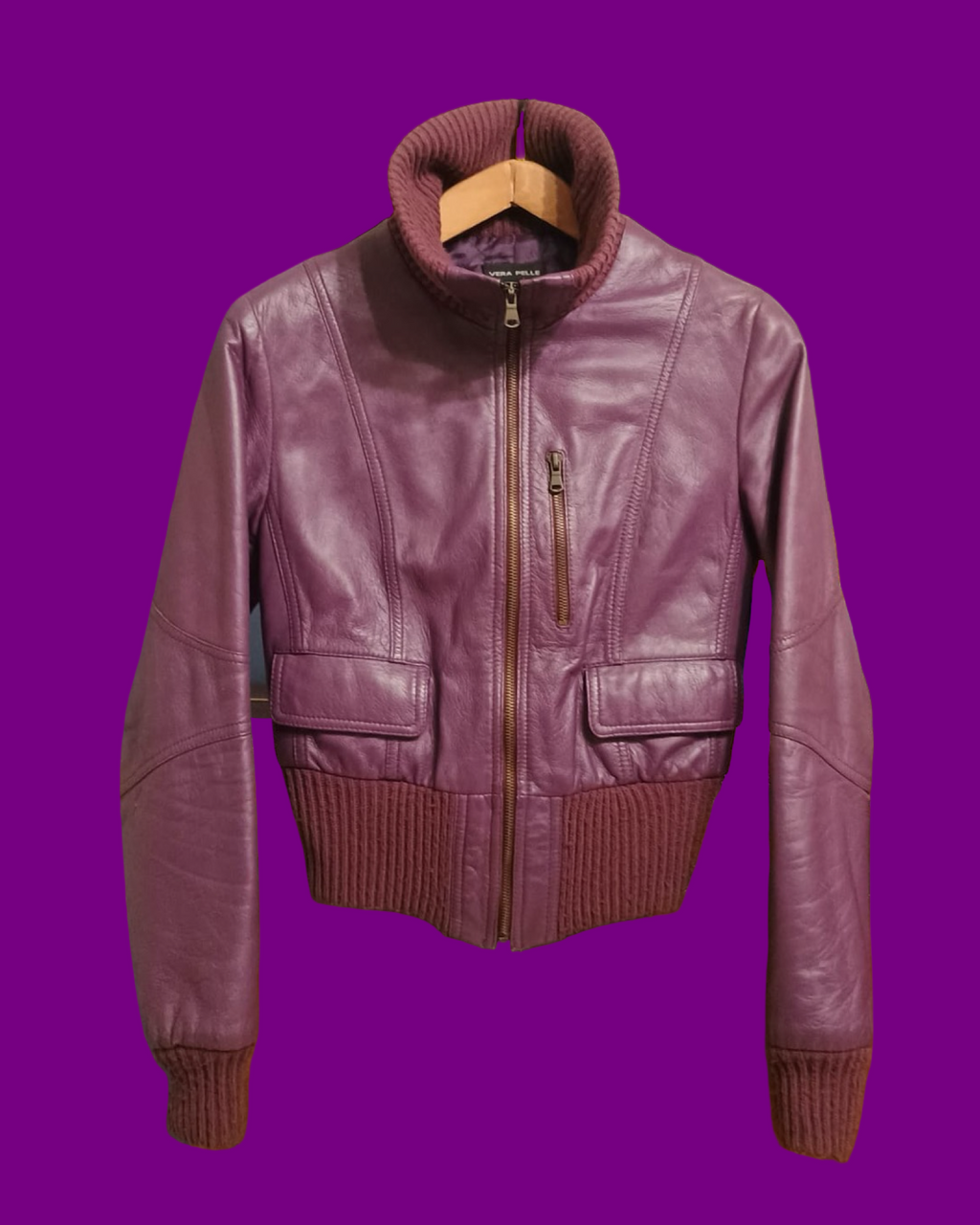 Vintage Bordeaux Spring Leather Jacket Woman Size S