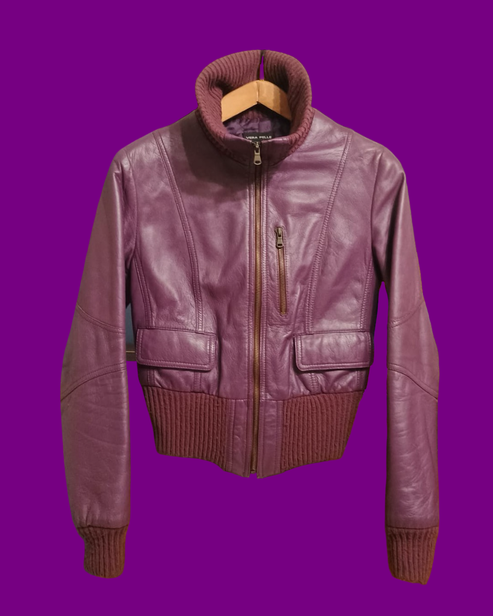 Vintage Bordeaux Spring Leather Jacket Woman Size S